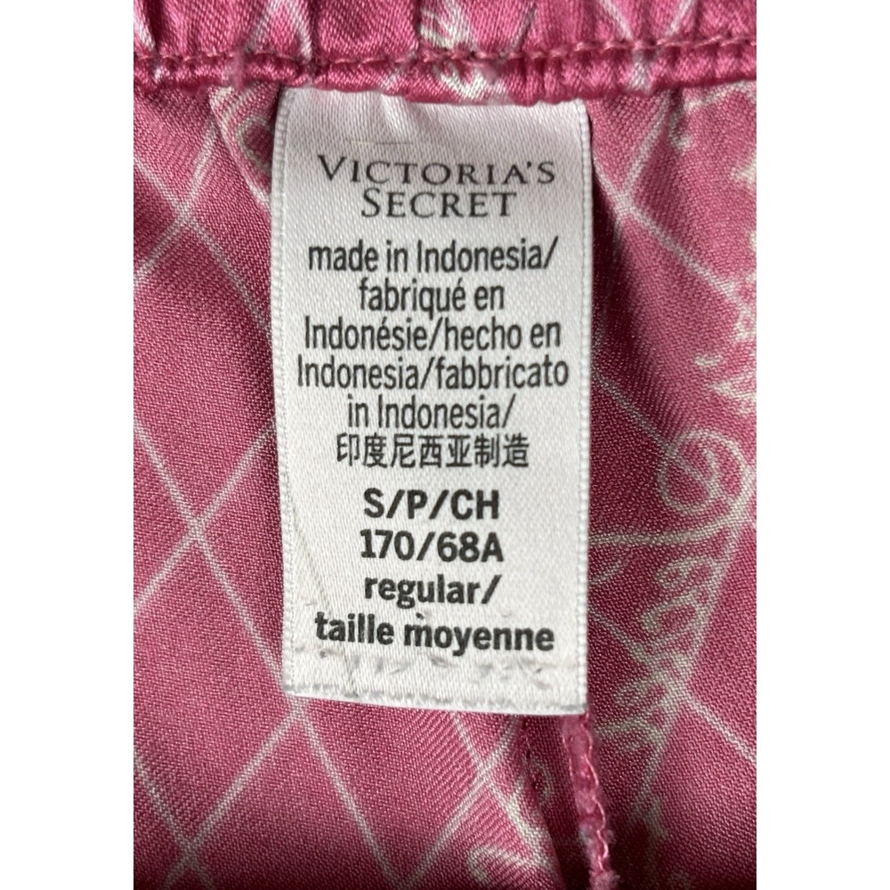 Victoria's Secret Women's Small Satin Pajama Pants Pink Check Script Logo - Picture 4 of 9